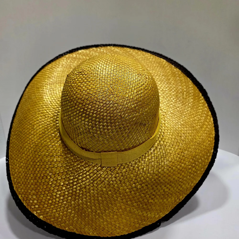 Neiman Marcus Gold Woven Straw Floppy Sun Hat Black Trim Italy